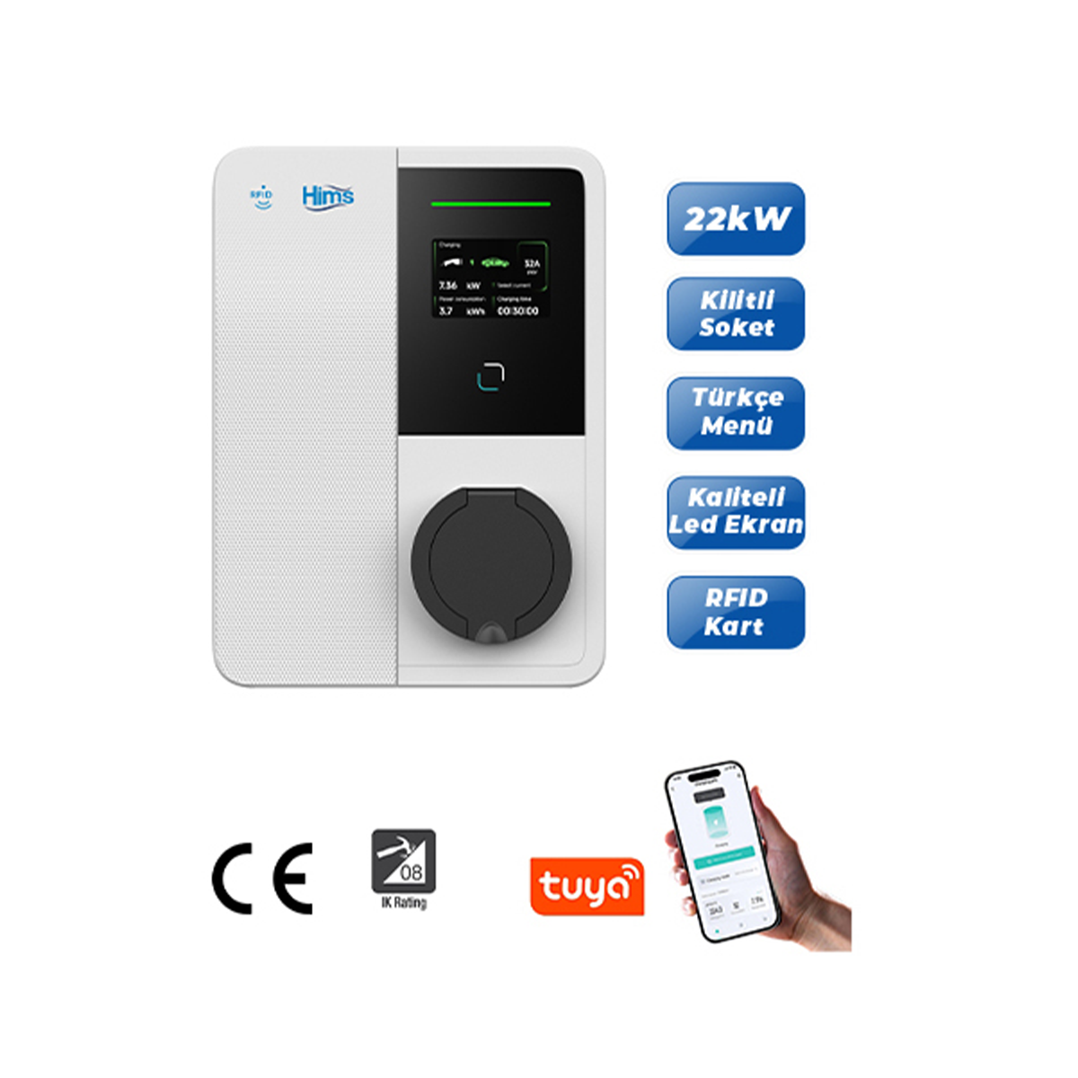 HIMS HEVC-22 22 kW Duvar Tipi AC Şarj İstasyonu - Görsel 3